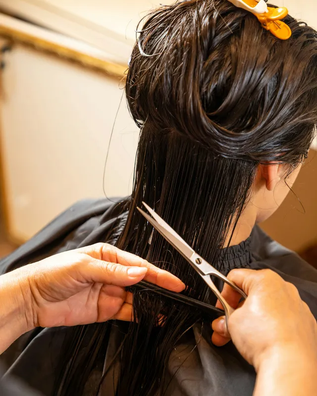 Parrucchiera taglia i capelli bagnati di una cliente con le forbici